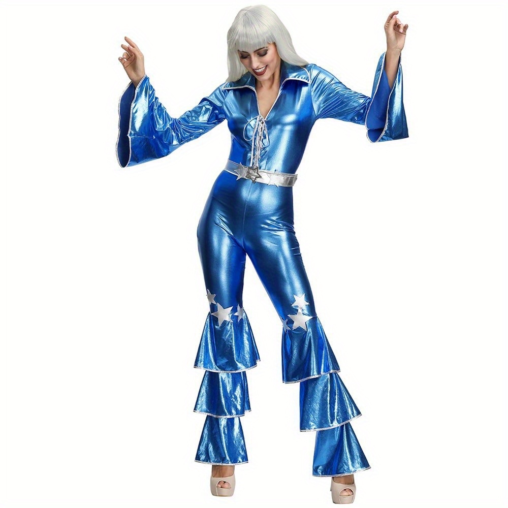womens 70s disco costume shiny turquoise blue jumpsuit Temu