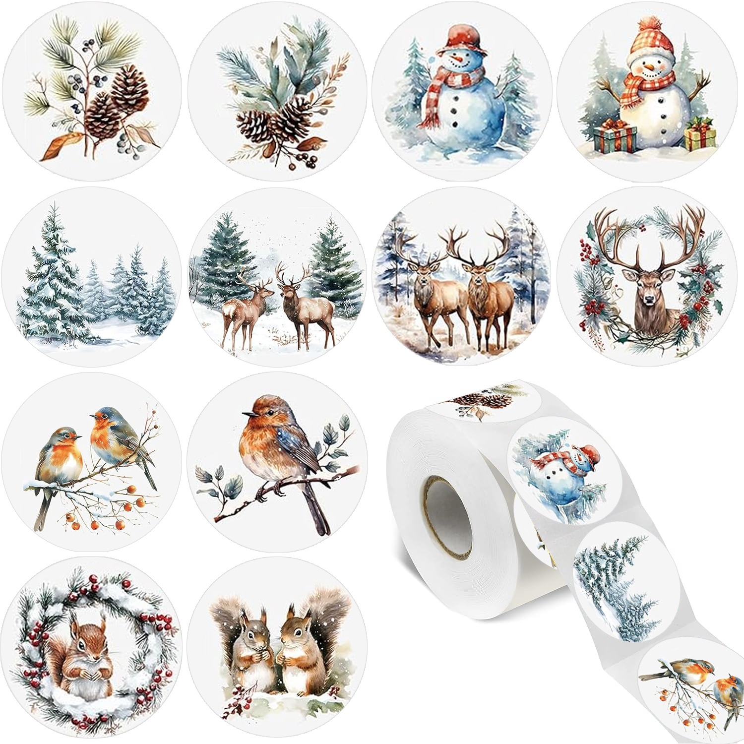 TEMU 500pcs Christmas Watercolor Animal Sticker Roll Animal Seal Stickers Self-adhesive Label Decals For Christmas Envelope Art Crafts Supplies, 12