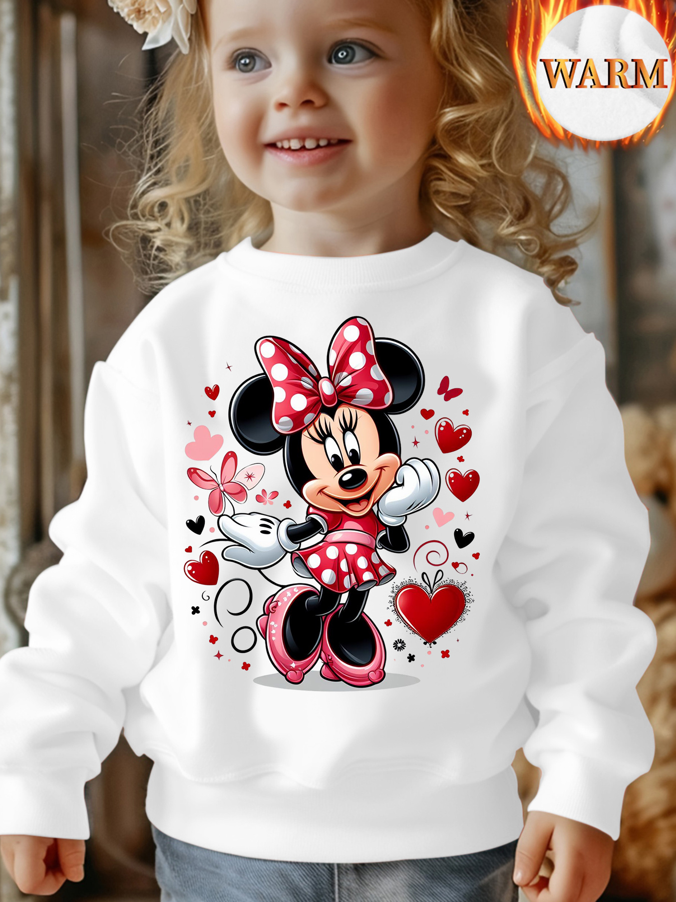 Minnie Mouse Meisjes Fleece-Lined Lange Mouwen Trui - Officiële Mickey & Minnie Muizen Print met Hartjes en Strikken