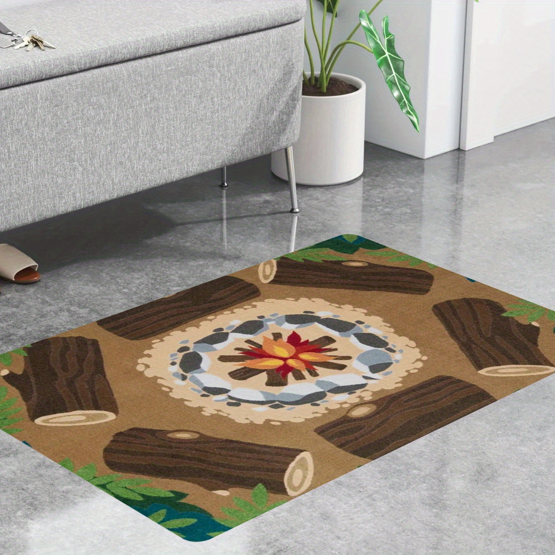 TEMU 1pc Campfire Print Area Mat - Soft Polyester, Washable, Non-slip Backing, Multiple Sizes Available, Ideal For Living Room, Kitchen, Or Office