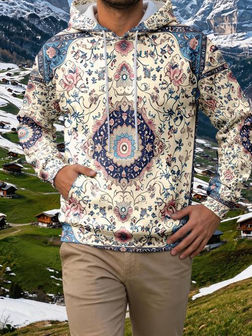 1pc persian style floral pattern mens hooded sweatshirt casual and fashionable outfit new versatile mens clothing for autumn winter sporty trendy style hoodie suitable for holiday parties