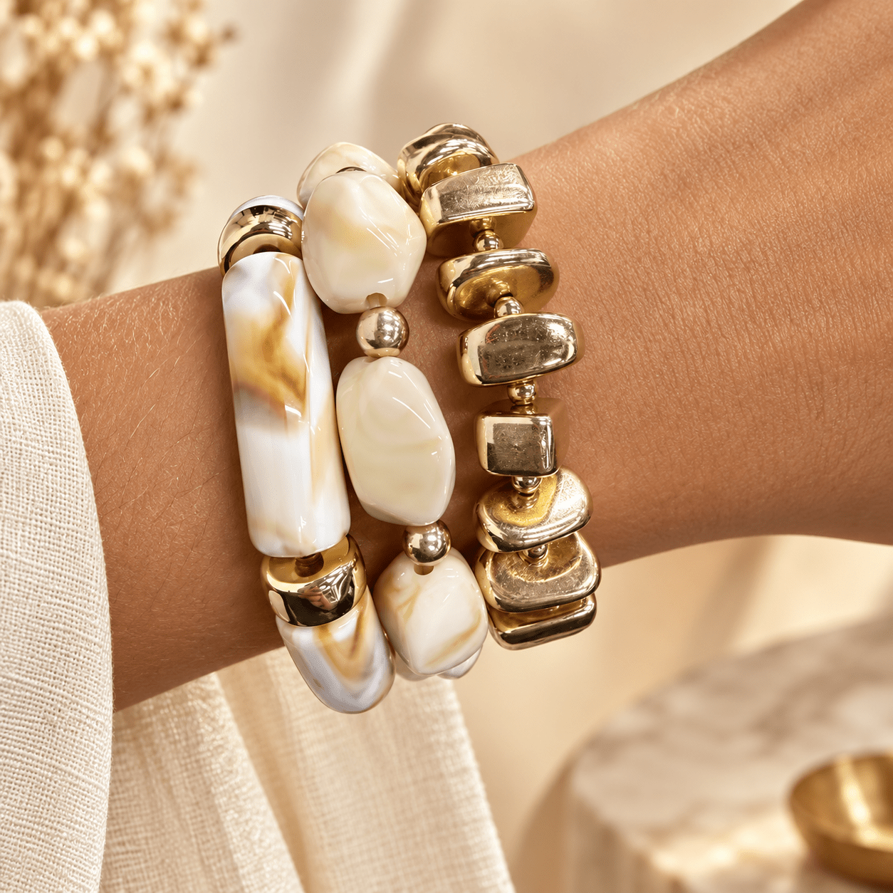 3pcs Chunky Resin & CCB Beaded Bracelets Set, Vintage Style