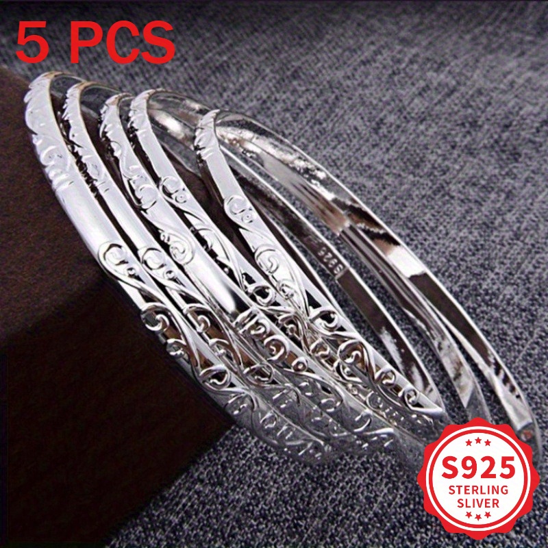 TEMU Set Of 5 S925 Sterling Silvery Patterned Geometric Bracelet Set - Elegant And Simple Women's Jewelry, Suitable For Daily Wear And, Perfect