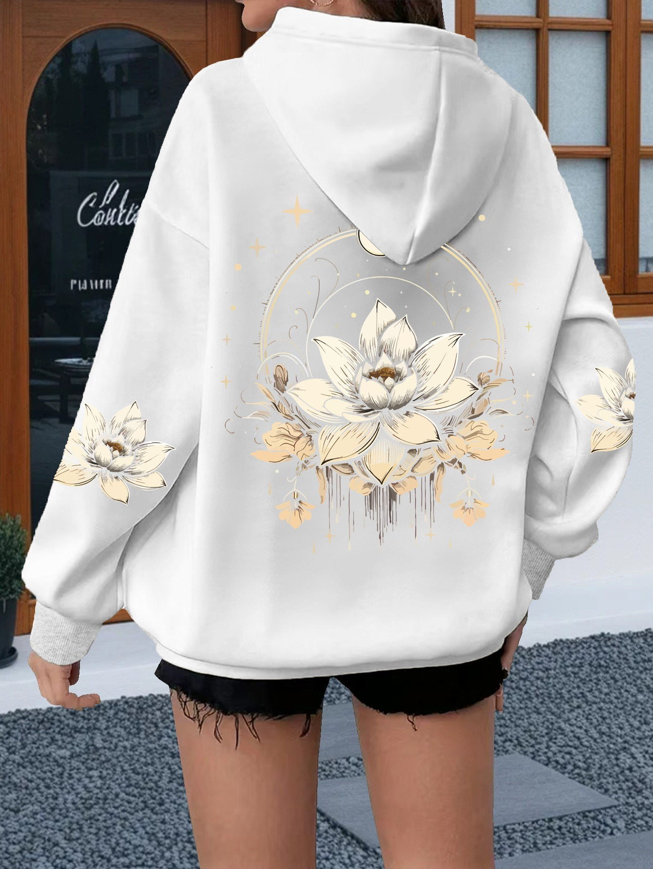 womens plus size oversized hoodie lotus flower print golden Temu