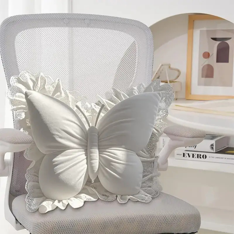 Butterfly-shaped Home Decor Throw Pillow with White Lace Trim, Made of Luxurious Velvet Fabric and Polyester Fiber Filling. Suitable for Beds, Sofas, Carriages, and Office Spaces. Perfect for Living Rooms, Bedrooms, Weddings, Birthdays, and Other