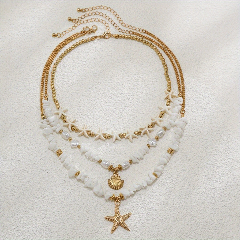TEMU Collar de 3 piezas para mujer estilo bohemio con colgante de capas de concha y , joyería para vacaciones en , gargantilla de cuentas con de
