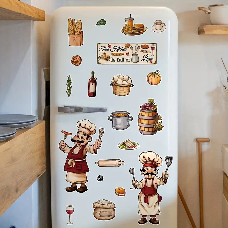 Image of 20pcs Chef Cooking Wall Decals | Self-adhesive Removable Pvc Stickers With Bread, Pasta, Pizza, And Wine Designs For Cabinets, Walls, And Refrigerators - Vibrant Food Theme Art For Home And Decor