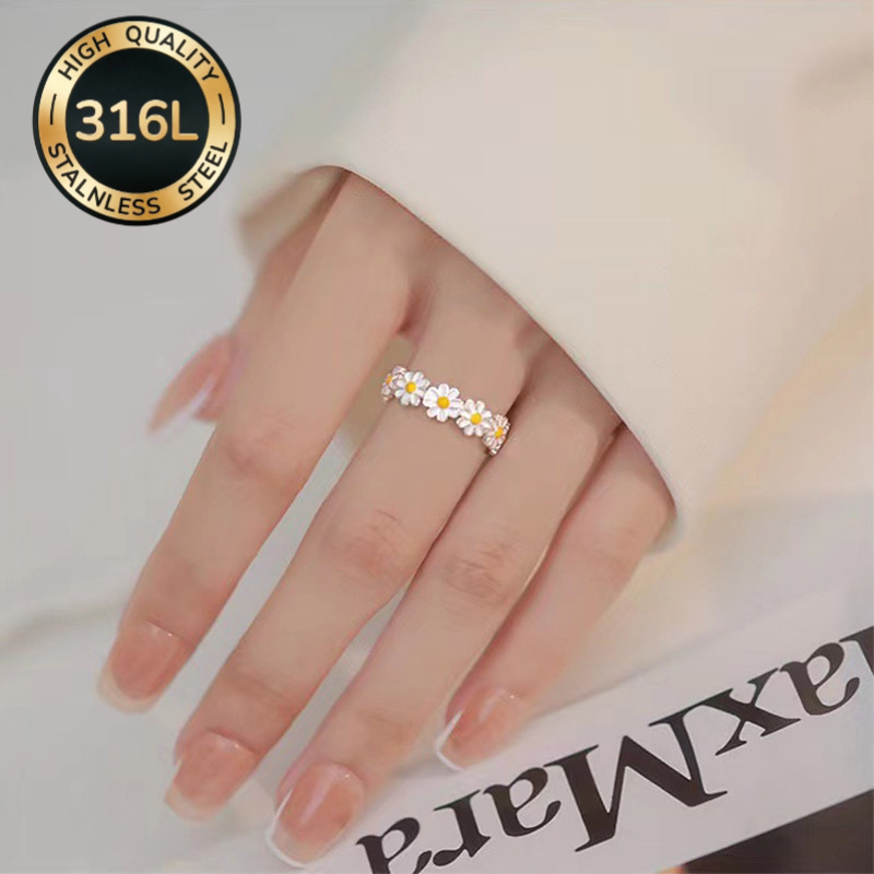TEMU 1pc Daisy-shaped Ring, High-quality 316l Stainless Steel White , Symbolizing Purity And , A Fashionable Adjustable Women's Accessory, Perfect