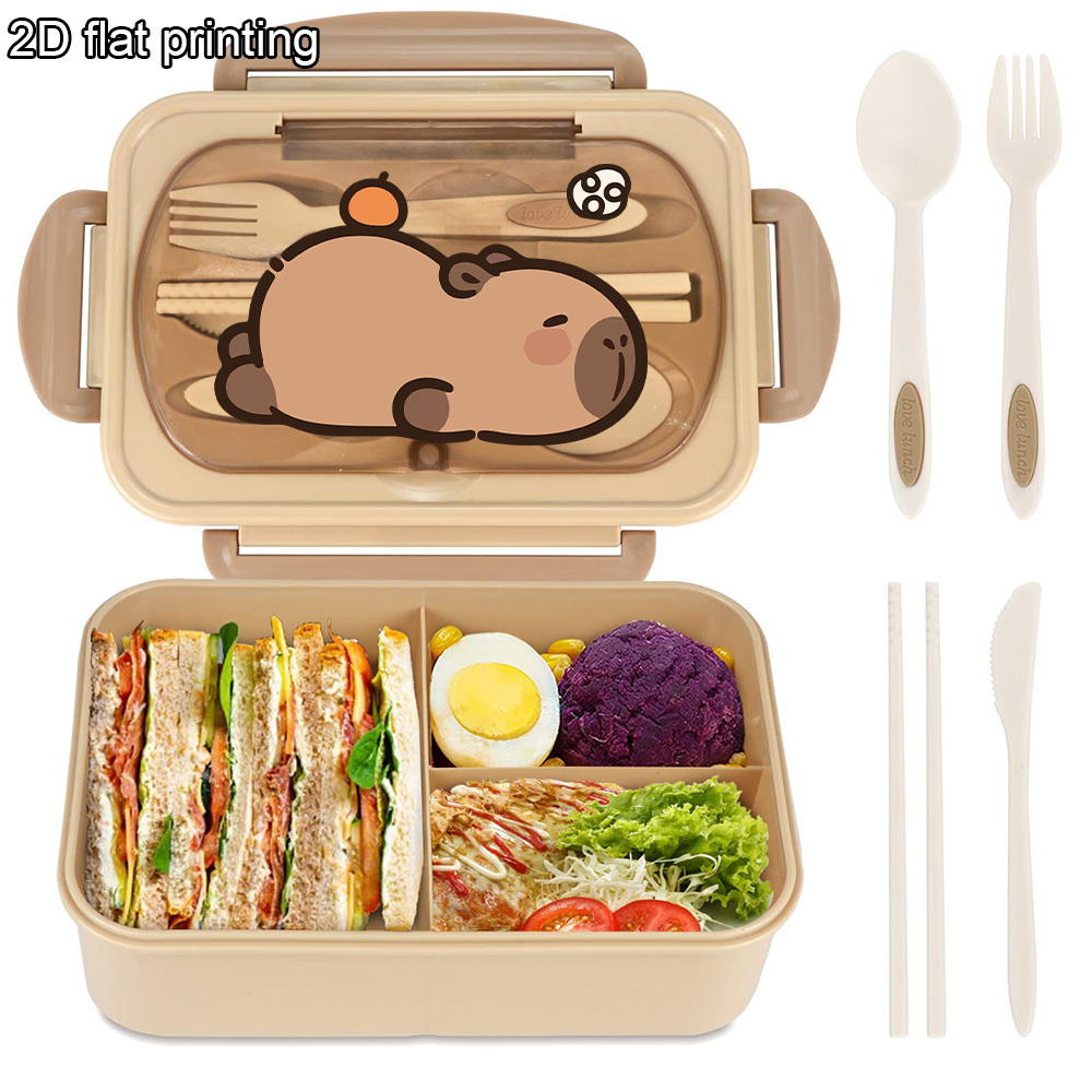 Image of Multi-compartment Bento Lunch Box With Adorable Capybara Theme | Square Pp Food Container For School, Work, And Picnics, Perfect For Meals With Cute Animal Cartoon Print, Hand Wash Care