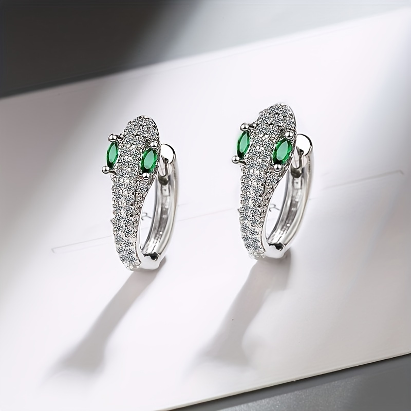 Snake Shaped Hoop Earrings with Green & Clear Gemstones