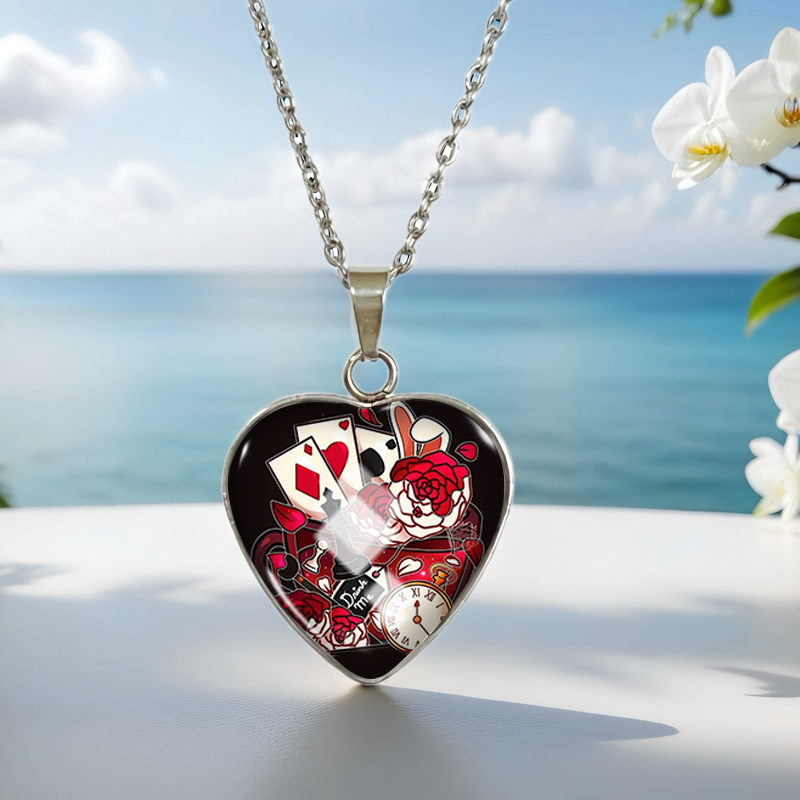 Image of Cards And Rose Flowers Pattern Heart Glass Cabochon 304 304 Stainless Steel Pendant Necklace Fashion Jewelry Accessory Gifts