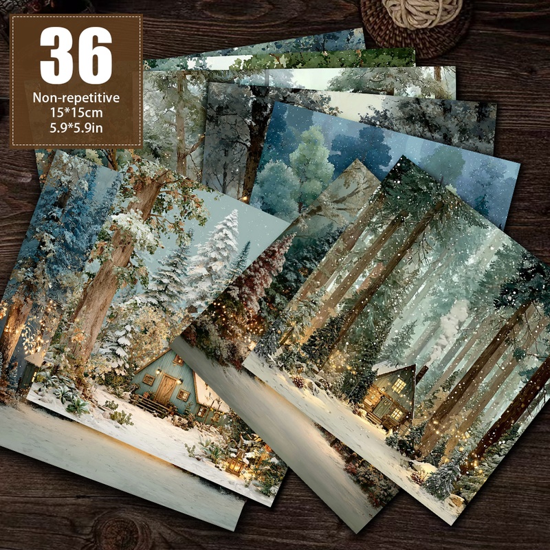 TEMU 36 Non-repeating Winter Snow Scene Cottage And Pine Tree Light String Paper, Decorative Paper, Material Paper, Material Paper, Handbook Paper