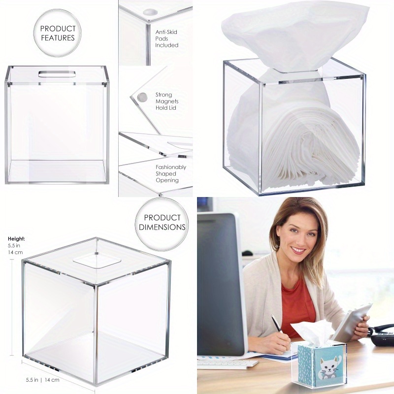 modern clear square tissue box holder bathroom countertop organizer with lid space saving facial tissue dispenser compatible with most brands for living room bedroom or office decor tissues not included tissue holder bathroom   functional design Product details 0