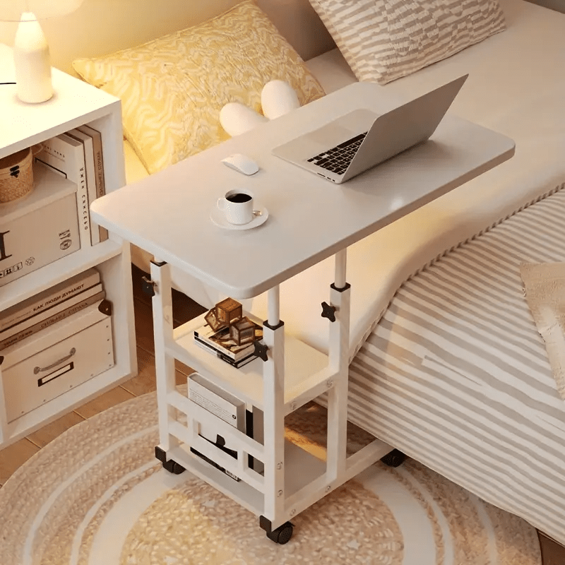 TEMU 1pc Adjustable Height White Bedside Table, Multifunctional Shelf Table With 4 , - For Home, Dormitory - Portable Laptop Stand, , Table