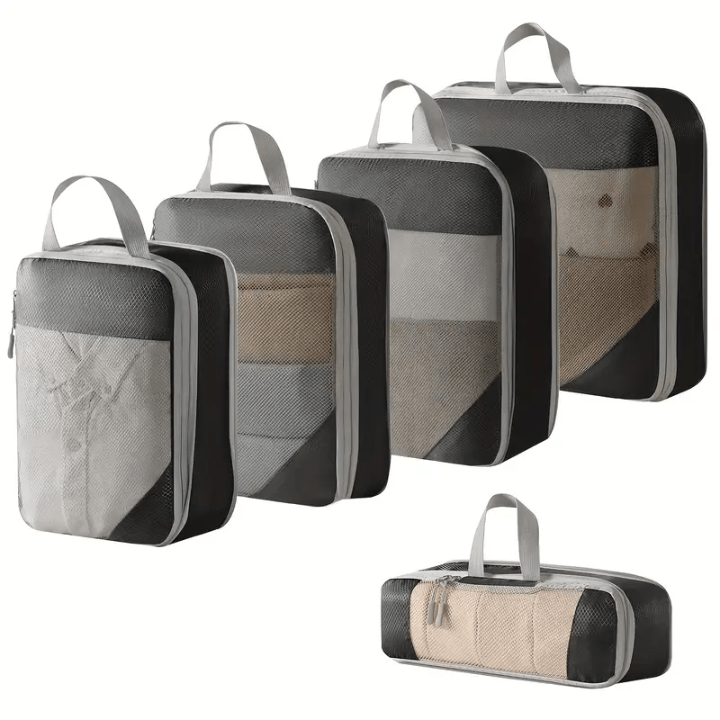 Set of 5 Lightweight Compression Packing Cubes for Travel, Durable Luggage Organizers in Beige and Black