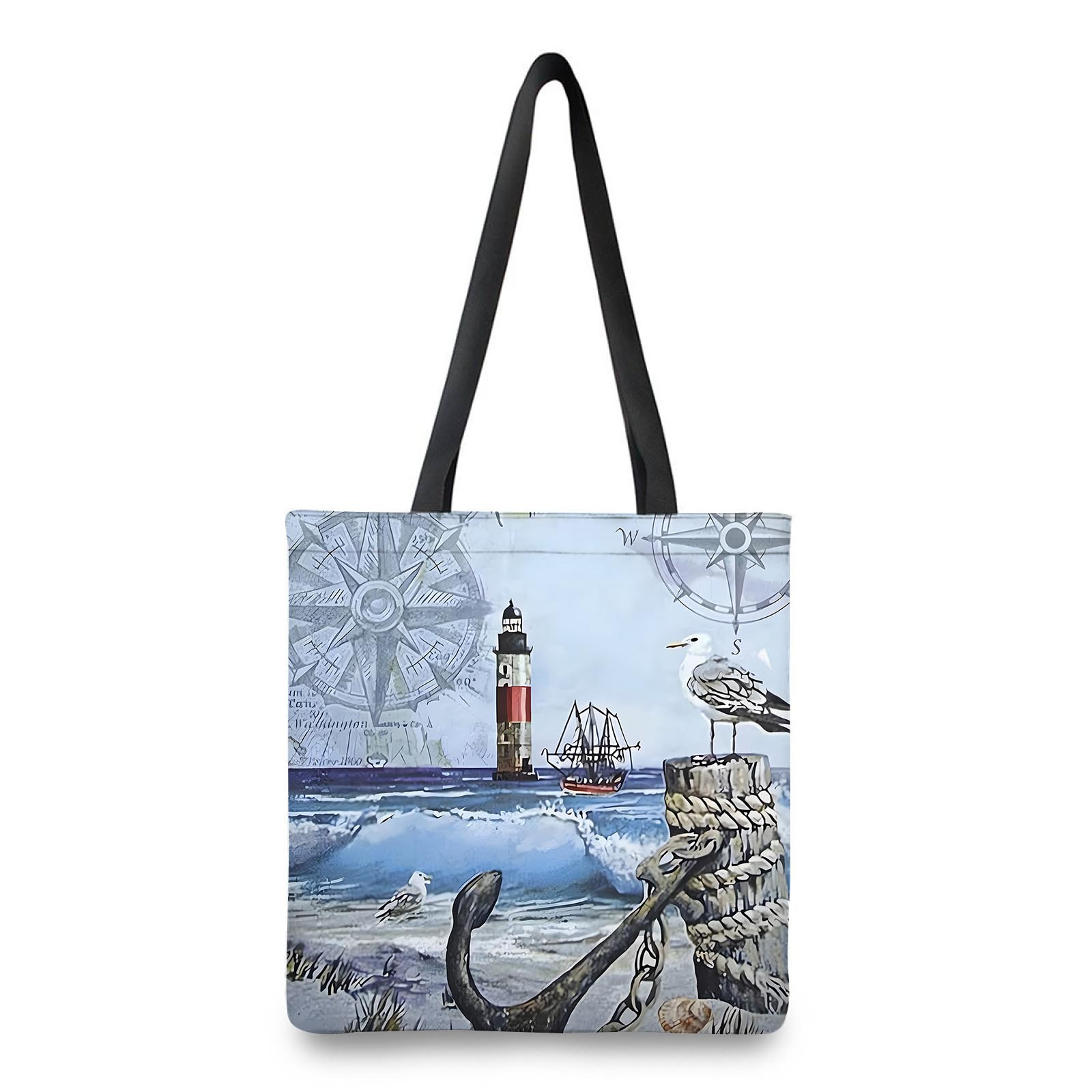 

Chic Ocean-inspired Tote Bag With Compass, Lighthouse & Anchor Design - Spacious Polyester Shoulder Handbag For Women, Shopping & Casual Use