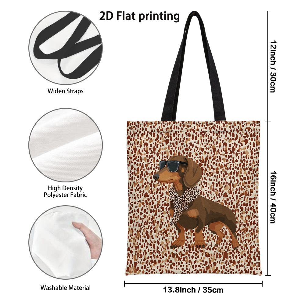 TEMU 1pc Creative Stylish Dachshund Graphic Print Polyester Tote Bag - Reusable Grocery Bags With Sturdy Handles, Multifunctional Shoulder Bag For
