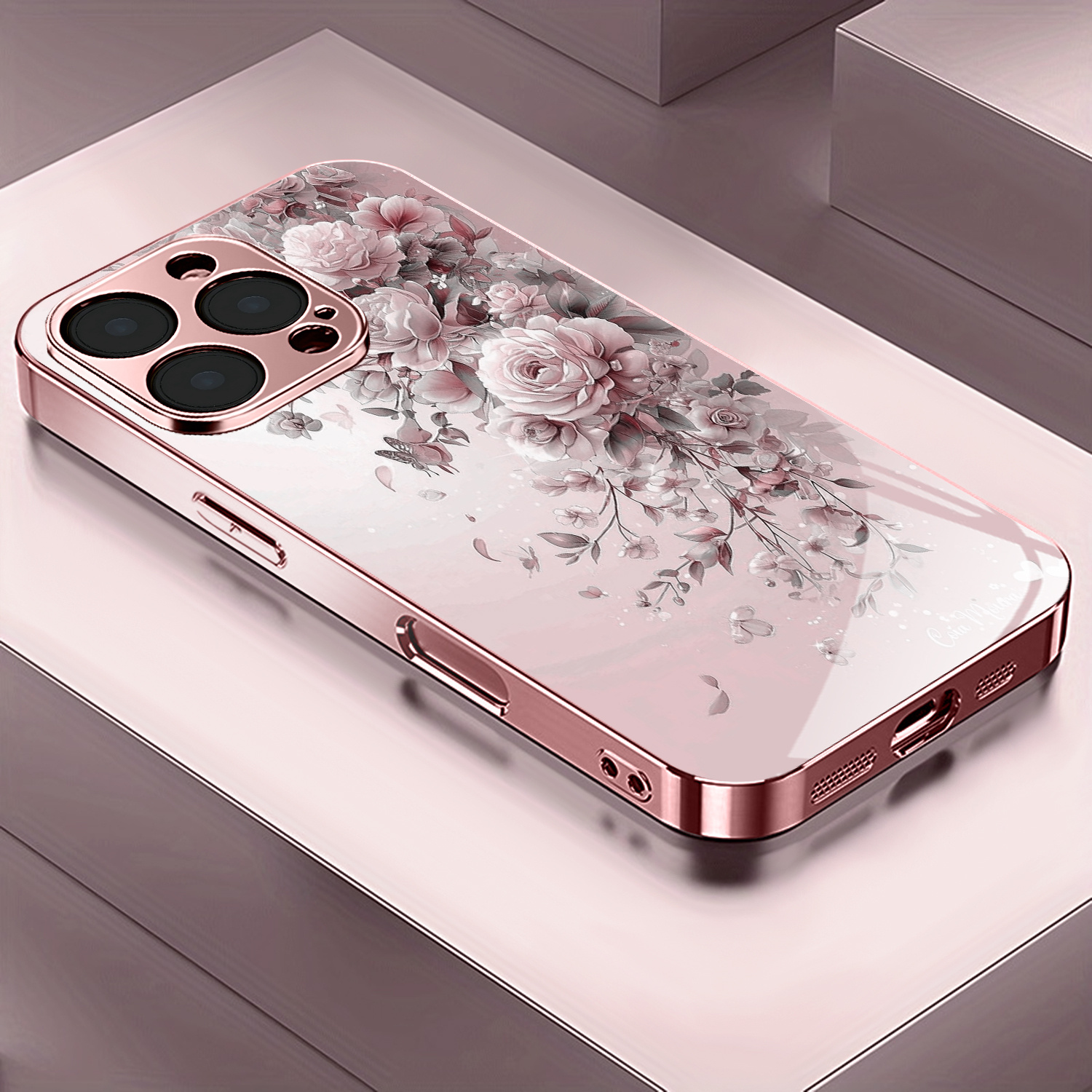 TEMU Phone Case: Floral Pattern Rose Golden/electroplated Pink Phone Case, Suitable For Iphone 17/17 Pro/17 Air/17 Pro Max/16/16 Pro/16 Plus/16 Pro