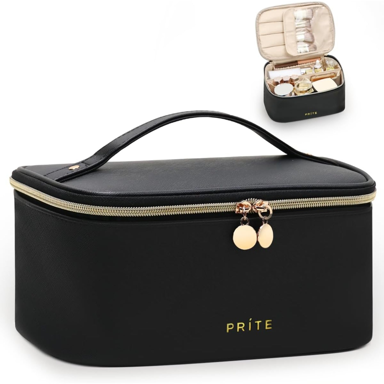 

Prite Leather Cosmetic Bag - Large Capacity Travel Makeup Organizer With Handle, Removable Divider, Brush Storage, Pocket & Lipstick Slots - Unscented, Black/