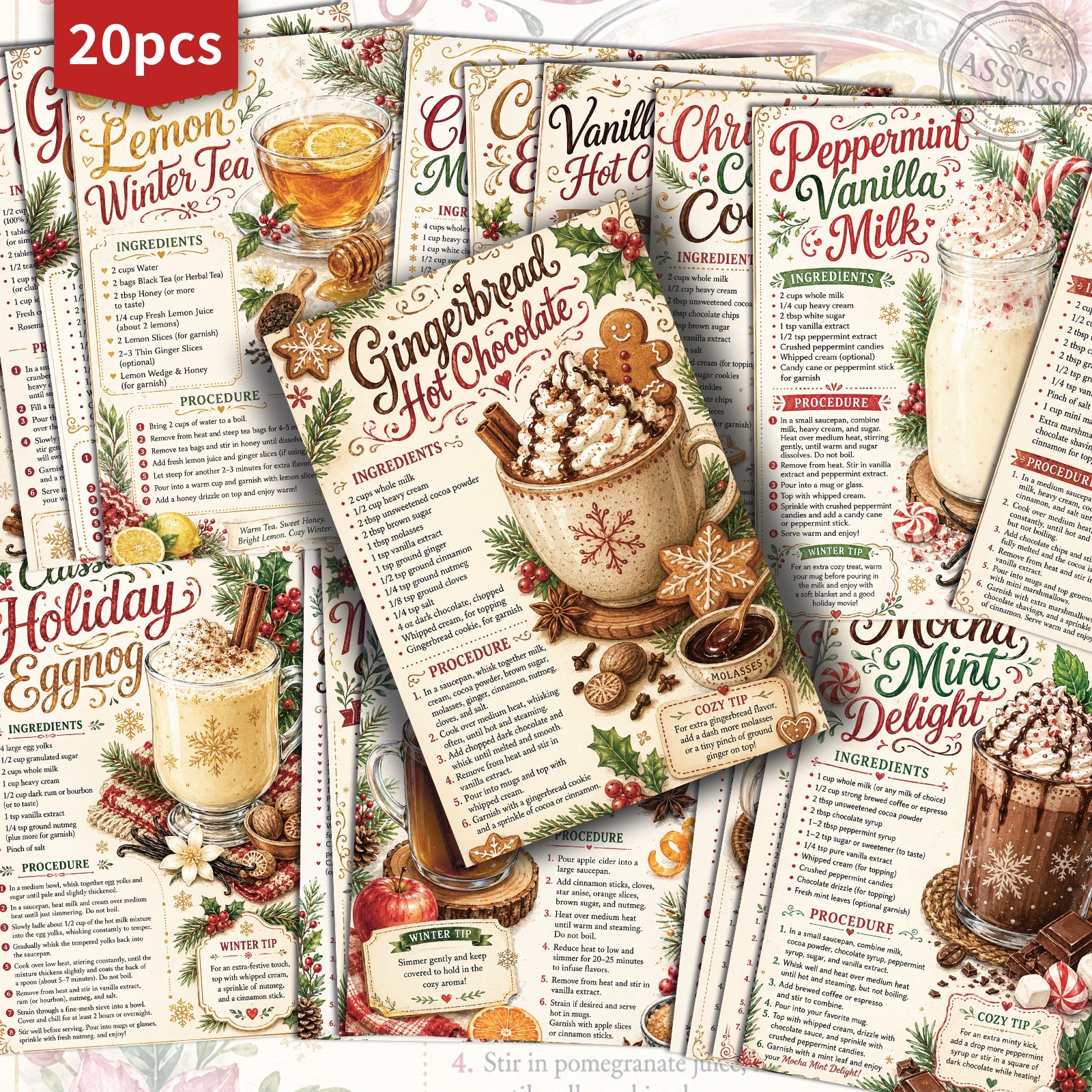 TEMU 20-pack Asstss Vintage Christmas Drink Recipes Postcards - 4x6 Inches Retro Junk Journal Supplies, Classic Pinup Illustrations Collectible