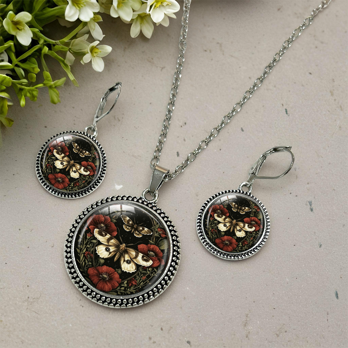 3pcs Vintage Papaver Rhoeas Moth Necklace & Earrings Set