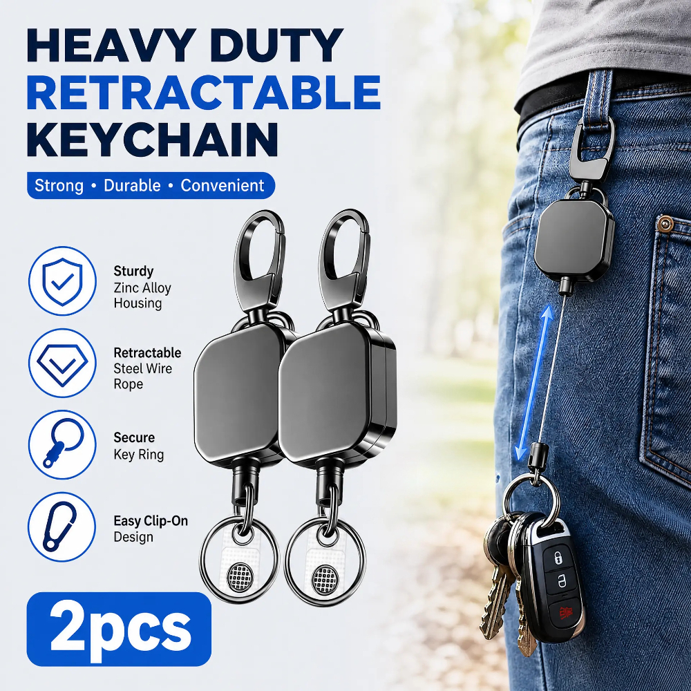 TEMU 2-pack Durable Alloy Retractable Key Chain With Reel, 27.6-inch Steel Wire, Hand Washable Key Ring, Unwoven - 2pcs Black Retractable Lock Key