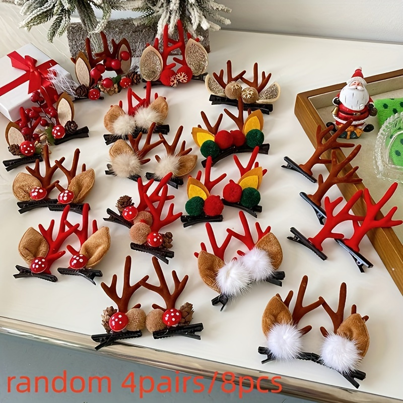 TEMU Set Of 8 Reindeer Antler Hair Clips In Assorted Designs, Featuring Pom-poms And Ears, Made From Plastic, Perfect For Christmas