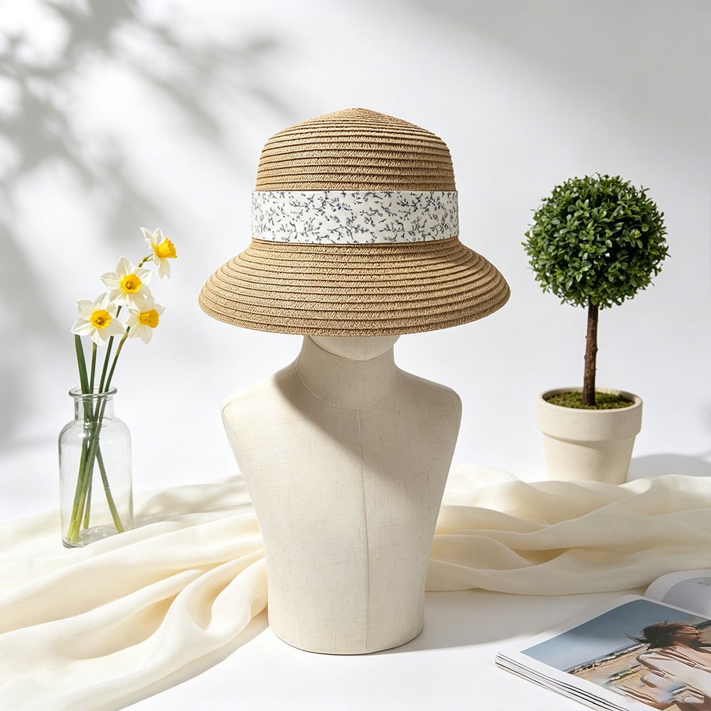 TEMU Women's Lampshade Sun Hat With Blue Floral Print Ribbon, Breathable, Summer Beach Vacation, Elegant Pastoral Style Fashion Headwear, , Fits Most
