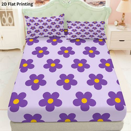 item picture 2D Flat Printing 3pcs Purple Flower Fitted Sheet Three-Piece Set (1 X Fitted Sheet And 2 X Pillowcases, ), Purple Flower Pattern Bedding Bedding, Mattress Protector Soft, Breathable