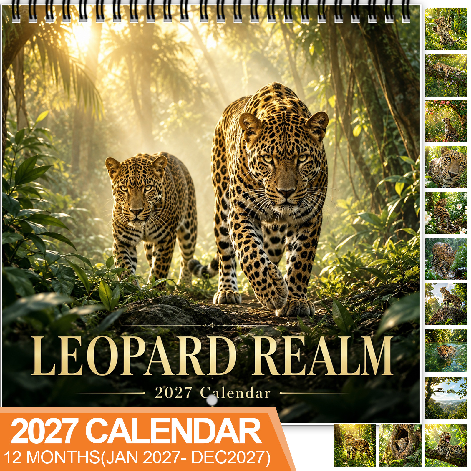 TEMU 2027 Leopard Wall Calendar - Full-year Monthly Planner With Twin Wire Hanging System, Wild Big Cat Photography Suitable For Home Office Decor,
