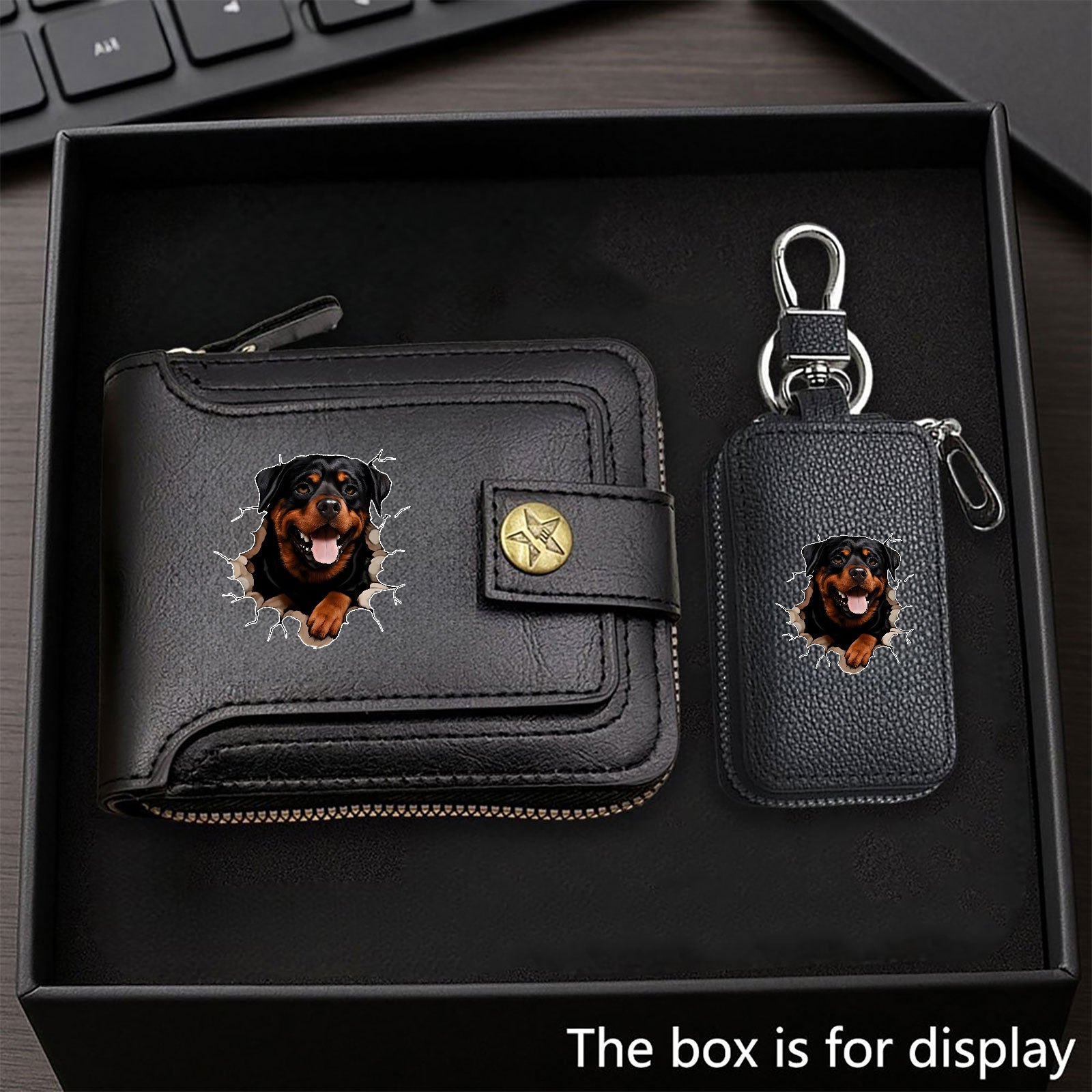 TEMU Rottweiler Pattern Wallet And Key Holder 2pcs Set, Men's Novelty Wallet, Wallet And Key Holder, For Holiday Gifting , Ideal Gift Set