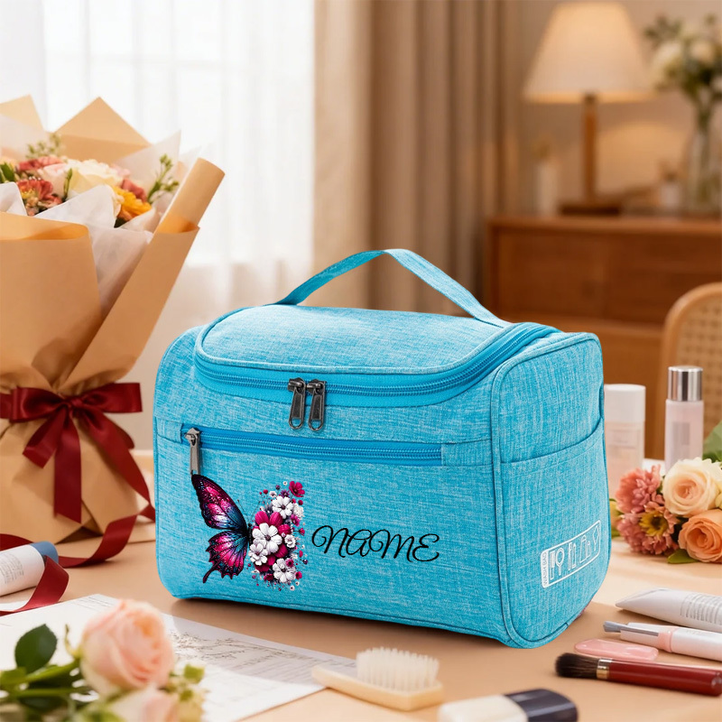 TEMU [toiletry Bag] Pink Purple Gradient Colorful Butterflies Embrace Small Flowers Customizable Name Toiletry Bag, Wall-mounted Layered Portable