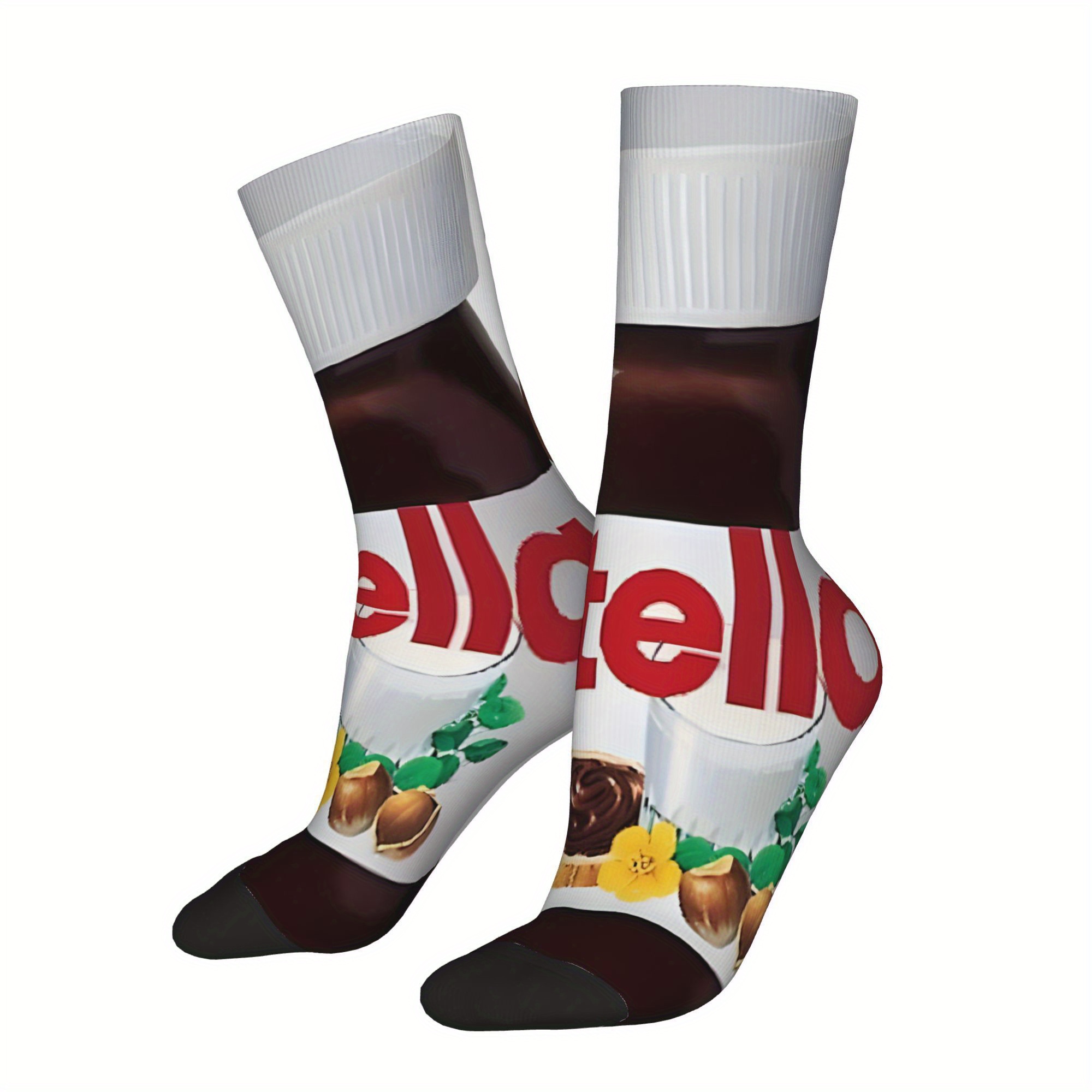 

1 Pair Men's Funny Novelty Crew Socks - Chocolate Spread Design, Hip Hop Style, Polyester Knit Fabric (95% Polyester, 5% Elastane), Hand Washable - Ideal For Christmas Gifts And Casual Wear