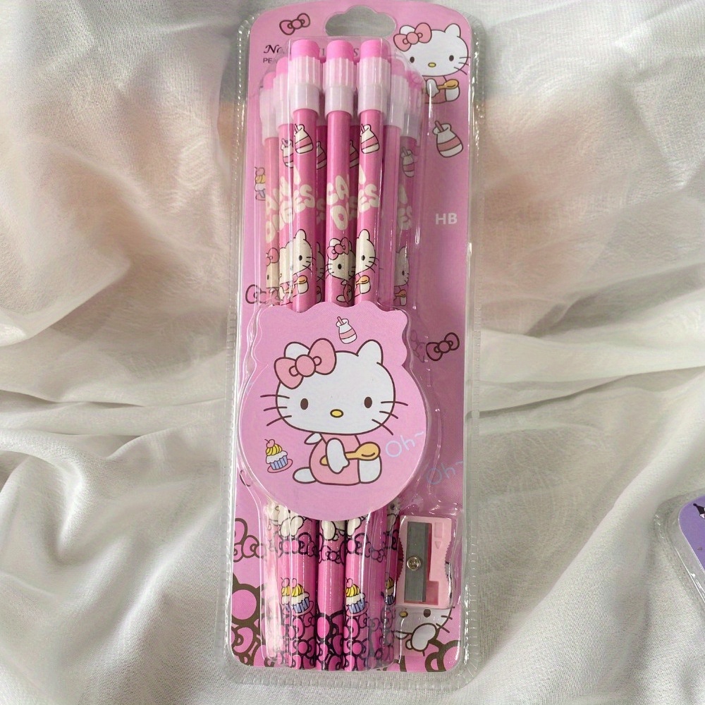 TEMU 12pcs 2b Pencil Set With Eraser, Featuring Hello Kitty And Kuromi Designs, Perfect For Artists And Beginners; Ideal For Drawing And Sketching