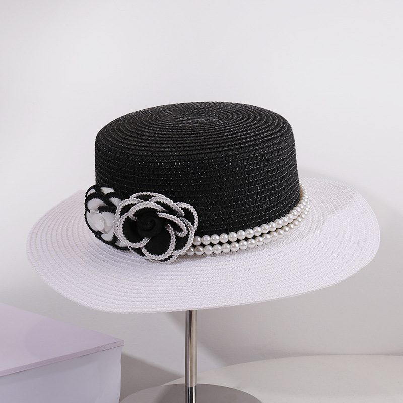 TEMU 1-pack Straw Fedora Black & Pearl Decor Style | Women' Outing/party Outfit Hat | Elegant Retro Breathable Versatile