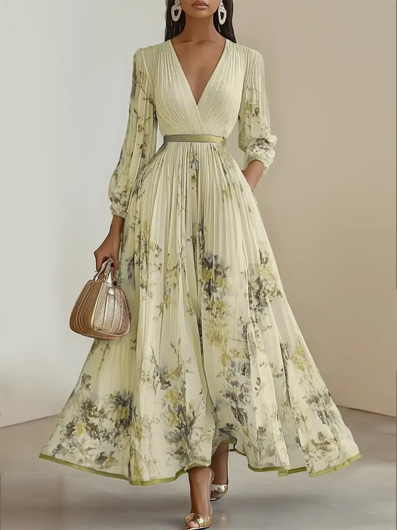 womens elegant floral print long dress flowy a line formal casual gown v neck long dress for parties outfits summer womens clothing floral print dress party attire sophisticated style pleated hem office wear comfortable material adult clothing Product details 4