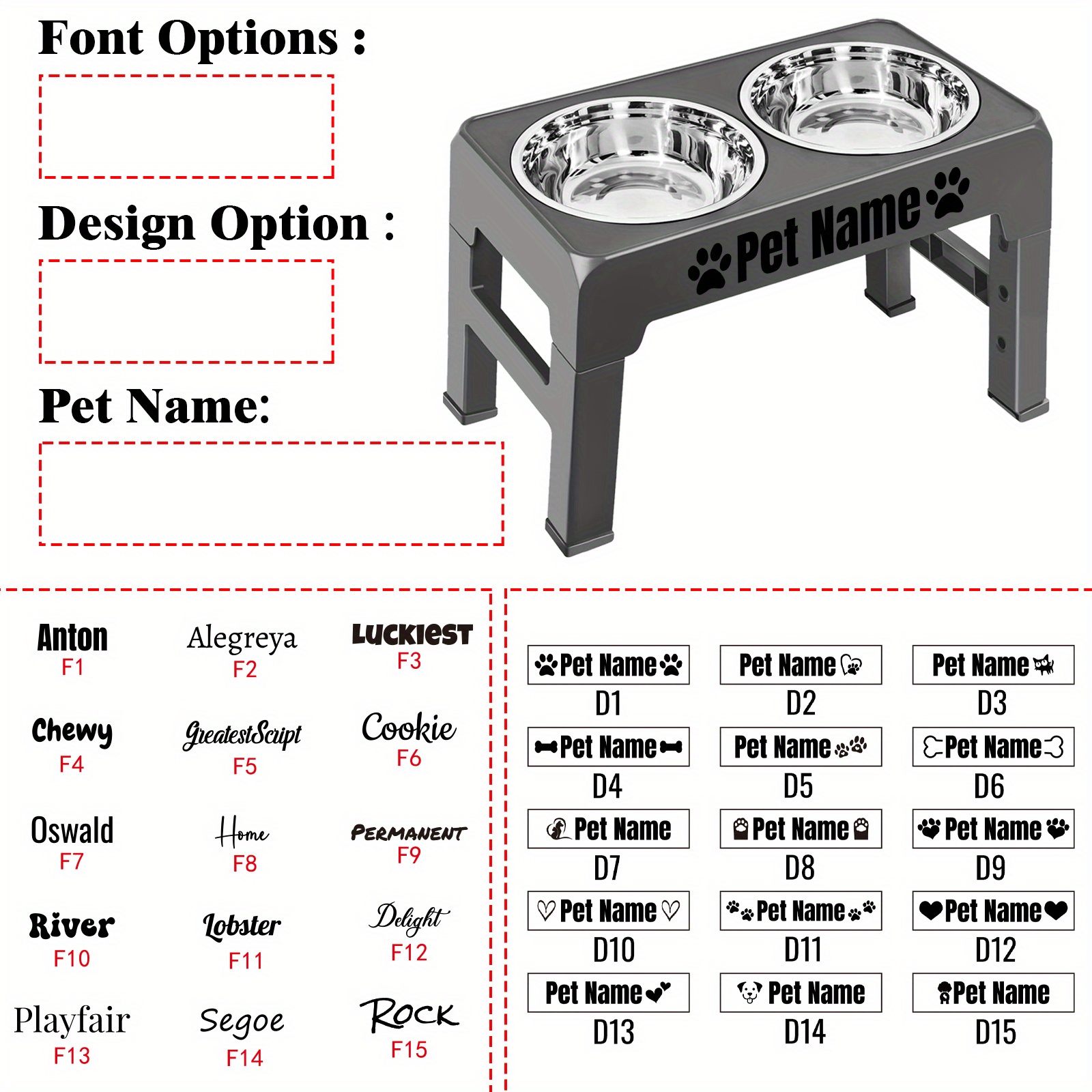 TEMU 1pc Personalized Elevated Dog Bowls Stand With 2 Stainless Steel Bowls - 4 Height Adjustable Raised Feeding Station For Small, Medium & Large