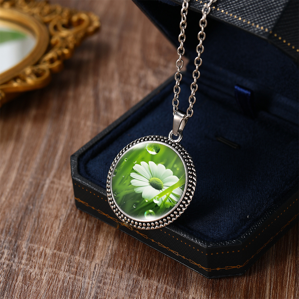 Waterdrop Daisy Illustration Pendant Necklace, Trendy Gift