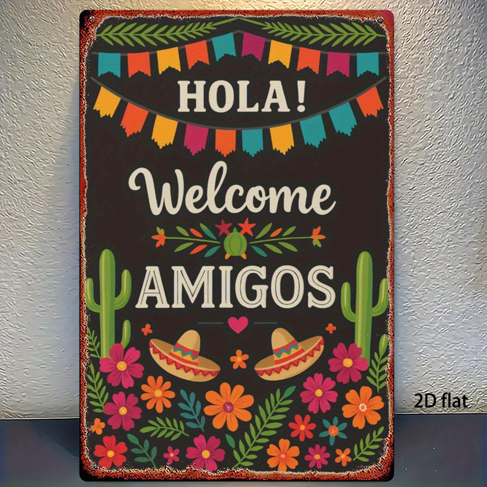 TEMU 2d Flat, 1pc Mexican Welcome Sign Wall Decor - Vintage "! Welcome " Wrought Iron Hanging Plaque With Sombrero, Spanish Decoration Suitable For