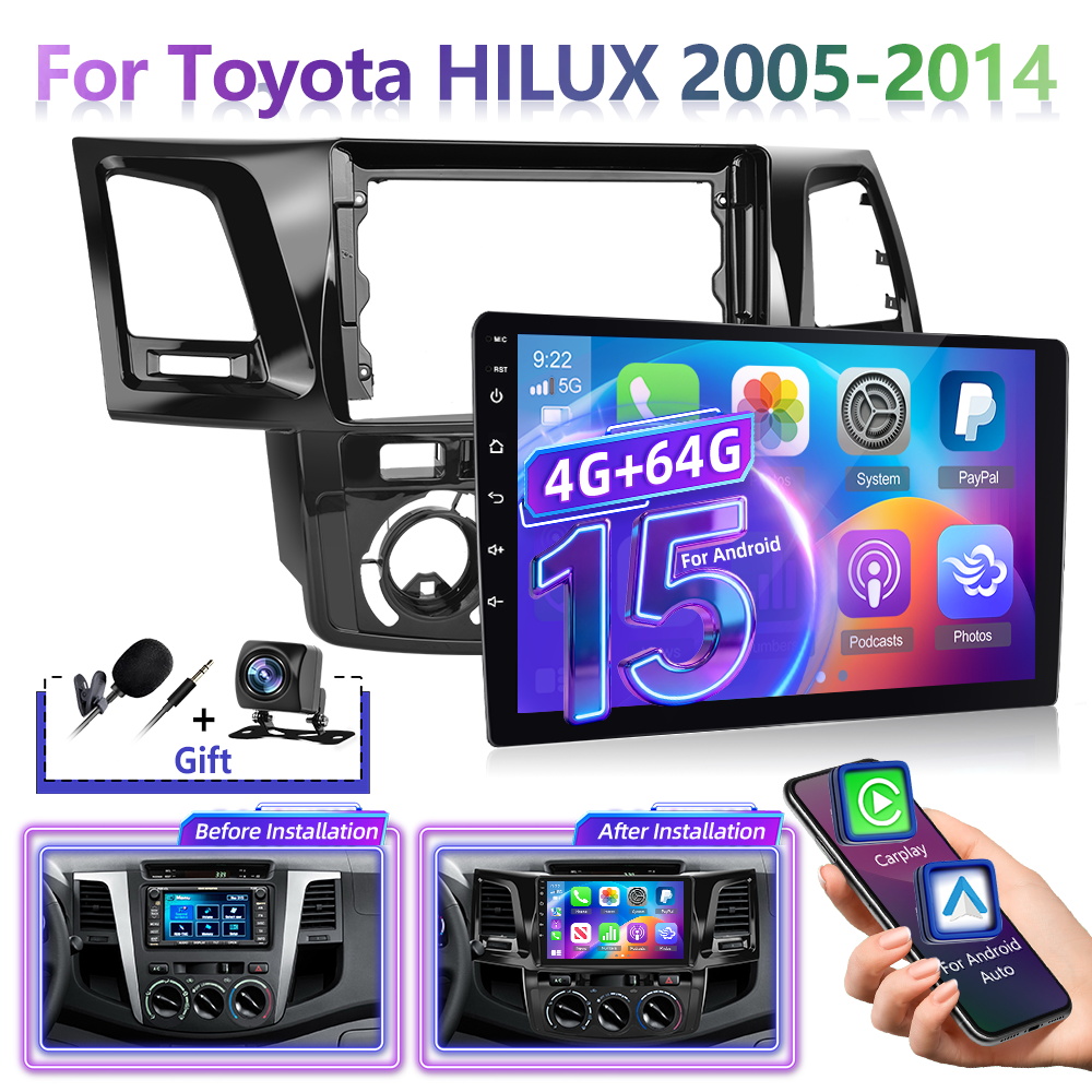 Image of 4g + 64g For Hilux 2005-2014 15 Car Din With Car Wifi 9 Inch Touchscreen Car Radio With Bluetooth Fm/rds/32eq/steering Wheel Control + Ahd Camera + Car Frame