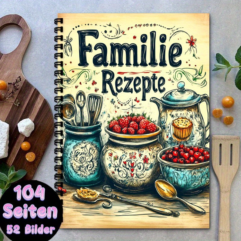 TEMU 1pc Vintage Kitchen Cookbook With German Labels - "familie" & "rezep Te" Cover - Spiral Bound Recipe Journal For , Family Cookbook, Birthday/