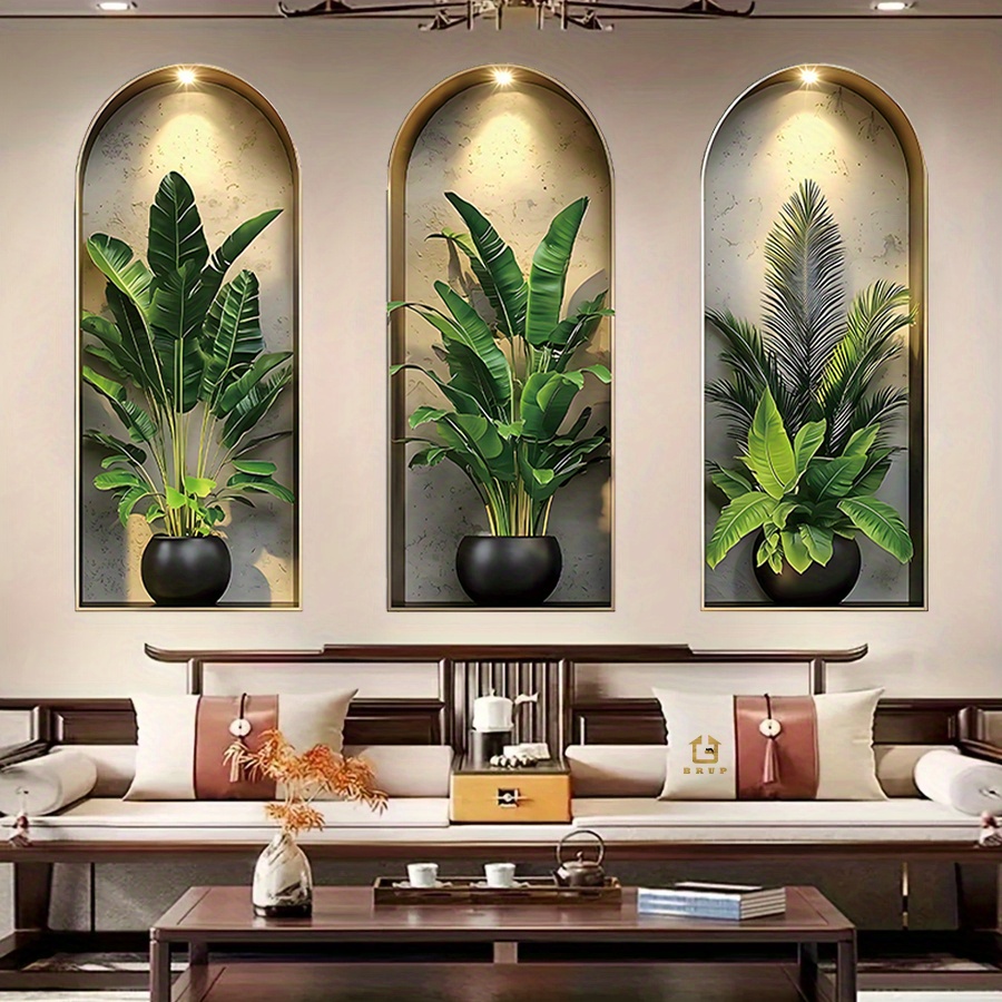 3 Sheets Tropical Plant Wall Stickers - Waterproof Vinyl Removable Decals with Simulated Arched Niche Design, Palm Tree Pattern for Bedroom, Living Room, Entryway Home Decor -   & Stick, No Tools Needed, Contemporary Style, Tropical Room Decor,   Stickers