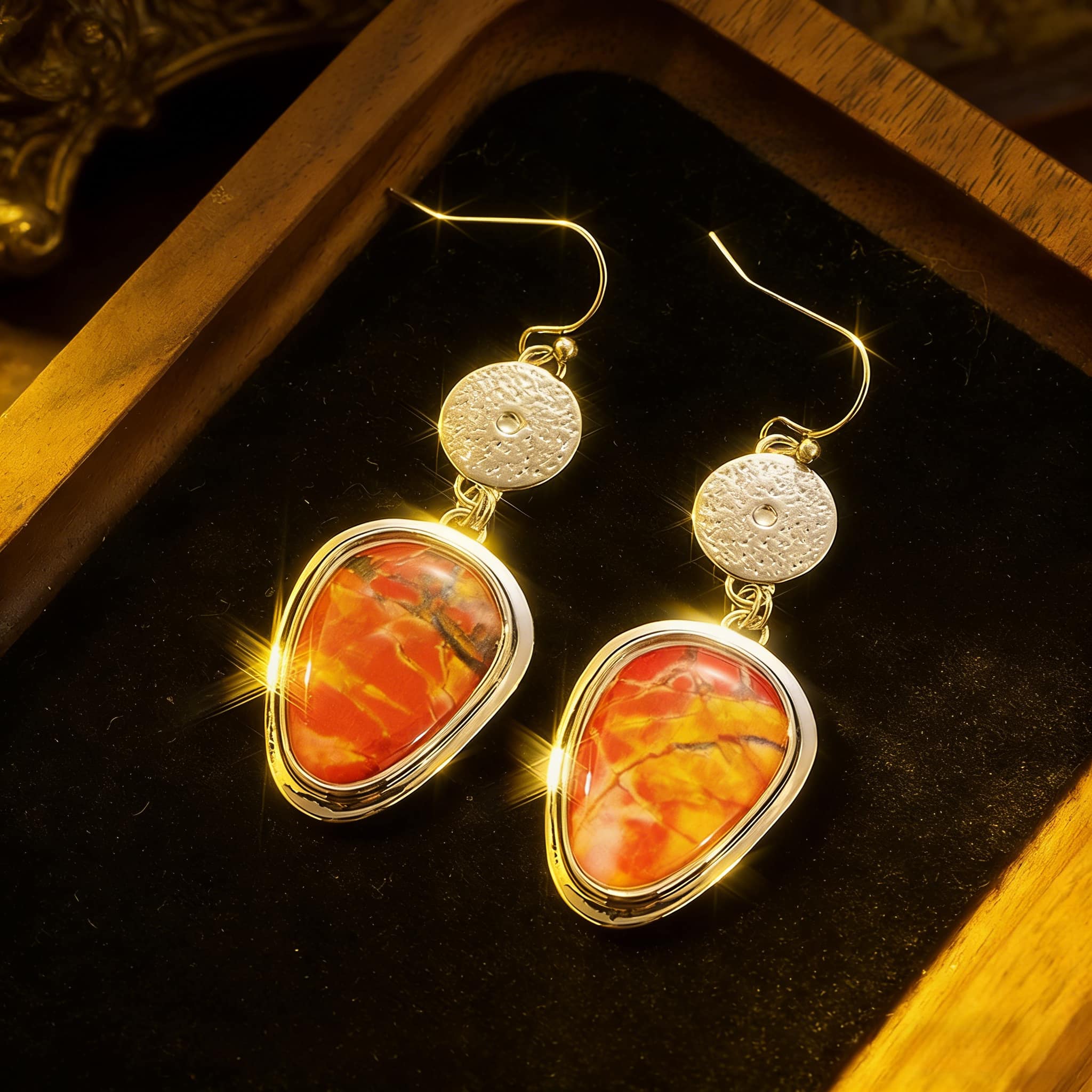 Vintage Copper Carved Earrings, Bohemian Faux Stone Drop Earrings