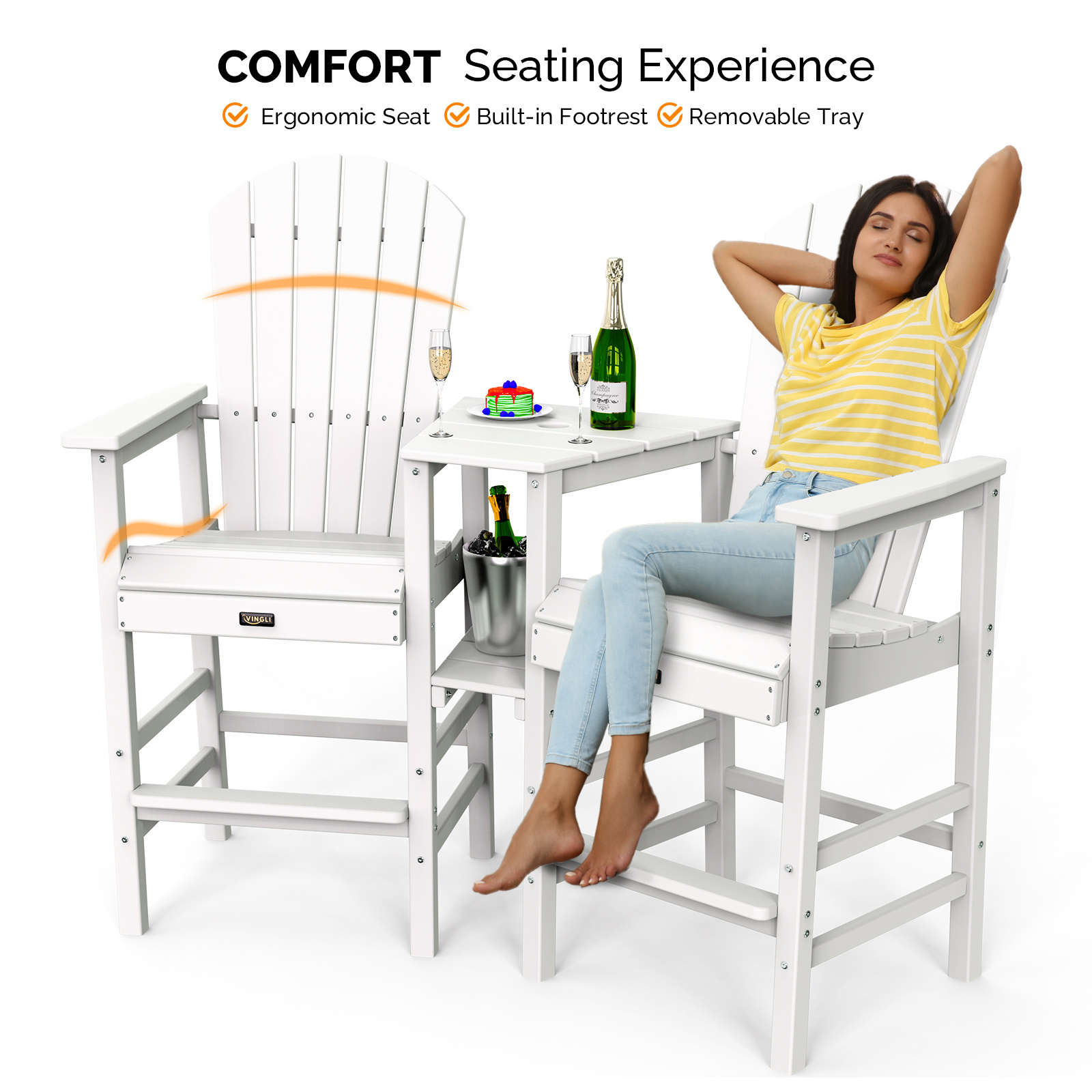 2pcs High-legged Adirondack Chair Set, All-weather High-density Polyethylene (HDPE) Bar Stool, Outdoor Chair with Double Tray and Parasol Opening, Suitable for Balconies, Poolside, Backyards, and Patios.