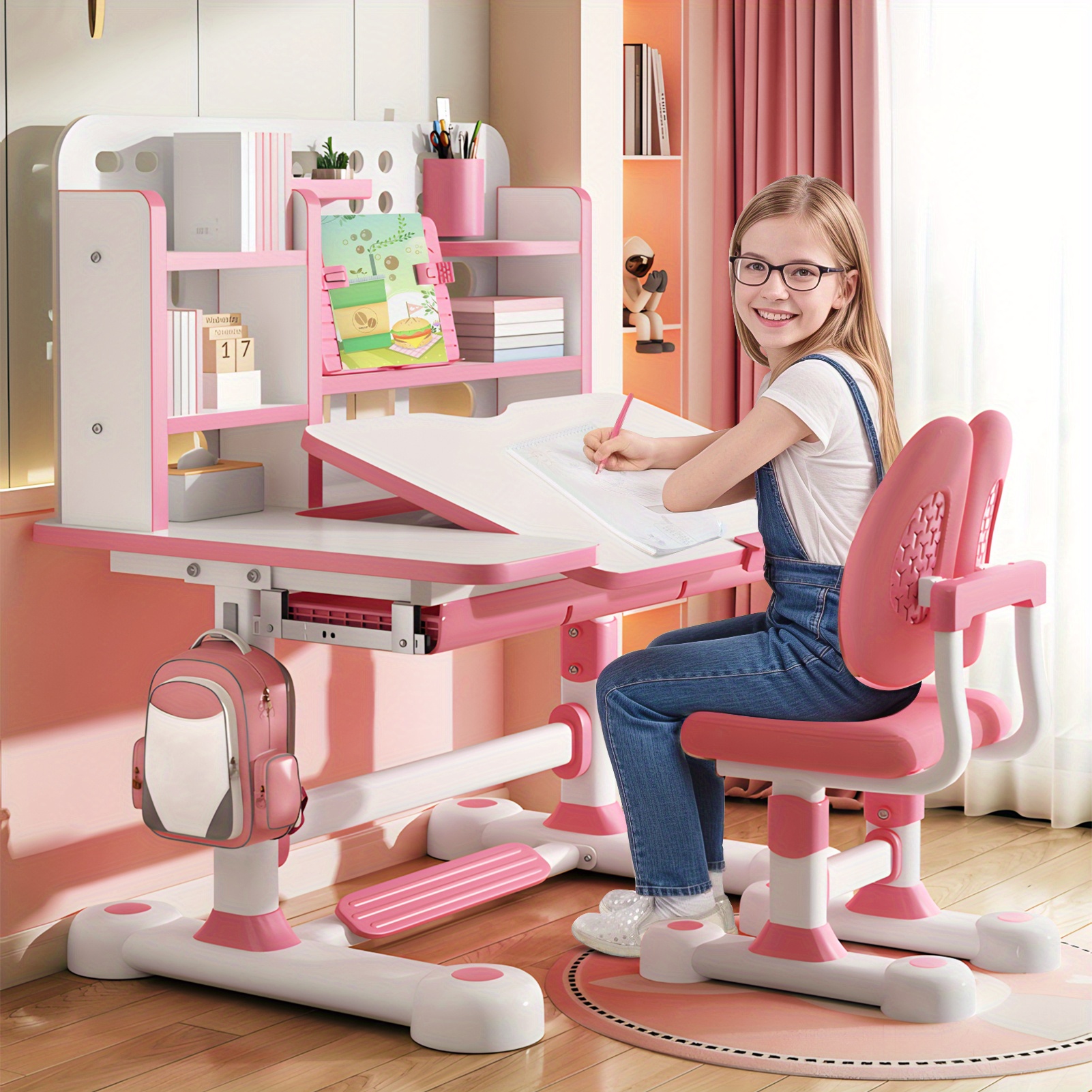 1 x childrens study table study table and chair set adjustable childrens table and chair with bookshelf and storage drawer 50 degree slopable desktop study table chair with chair bedroom study room 46 85 x 31 5 x 22 05