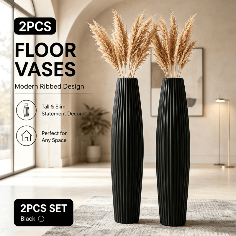 TEMU Lot de 2 grands vases sur pied, disponibles et blanc . Ces vases décoratifs hauts à nervures verticales présentent une texture mate moderne avec