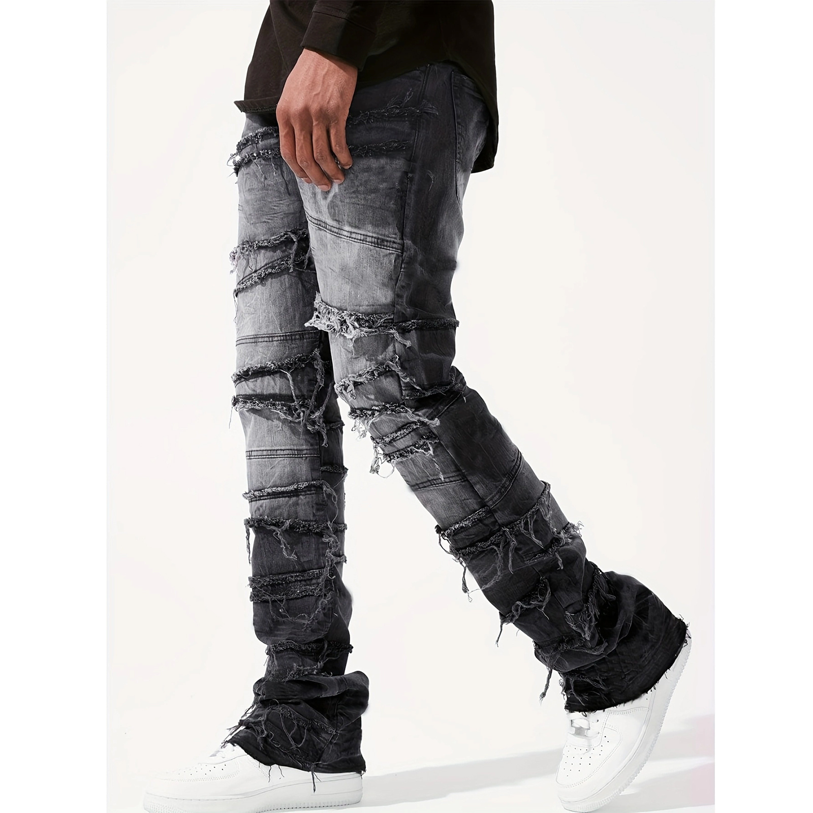 

Men Denim Jeans Tiered Trim Pockets Straight Leg Trousers