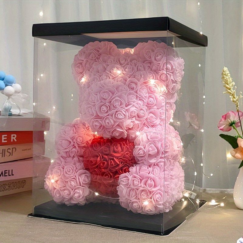 Eternal Rose Bear Artificial Flower Arrangement Red Roses Black Basket  with Plastic Tabletop Decor for Christmas, Valentine's, Mother's Day,