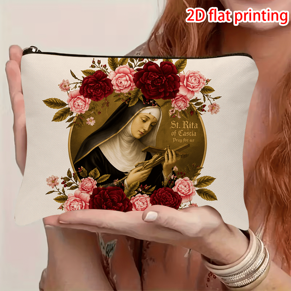 TEMU 1 ud. Neceser Cosmético con Estampado 2D de , Diseño Floral Vintage, Cremallera, Portátil, para Viaje, Mujer