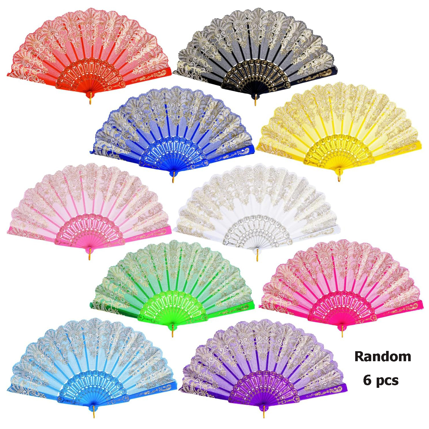 Random Colors 6pcs Hand Fan Folding, Lace Spanish Fan Peacock Pattern Folding Fan Plastic Handheld Fan For Wedding Engagement Dancing Birthday Party Cosplay, Without Battery